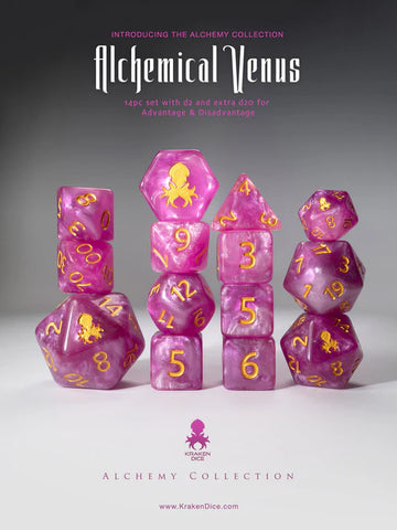 Alchemical Venus 14pc Pink and White Gold Ink Dice Set With Kraken Logo