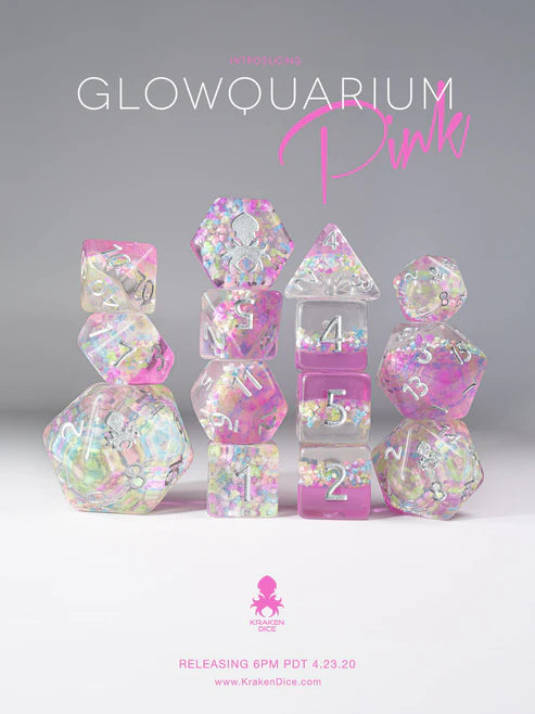Glowquarium Pink 14pc Polyhedral Dice set with Glow in the Dark Particles