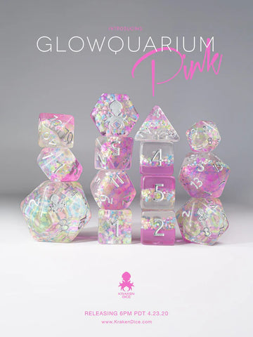 Glowquarium Pink 14pc Polyhedral Dice set with Glow in the Dark Particles