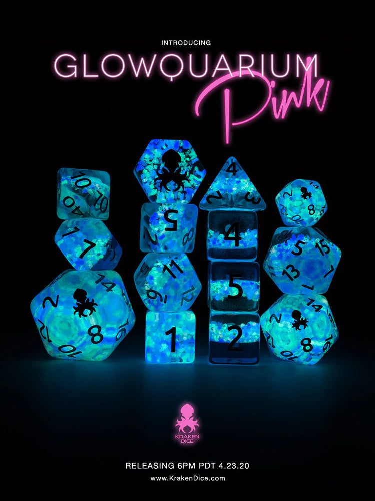 Glowquarium Pink 14pc Polyhedral Dice set with Glow in the Dark Particles