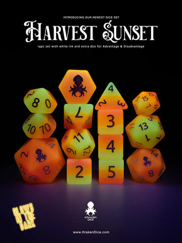 Harvest Sunset Glow in the Dark 14pc Dice Set Inked in White