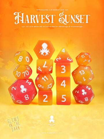 Harvest Sunset Glow in the Dark 14pc Dice Set Inked in White