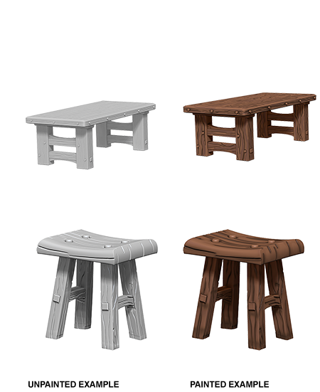 WizKids Deep Cuts Unpainted Miniatures: Wooden Table & Stools